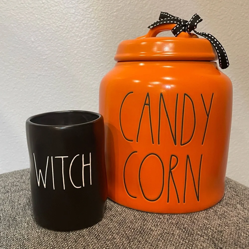 Rae Dunn Halloween set- chubby Candy Corn Canister + Black Witch Candle in cup